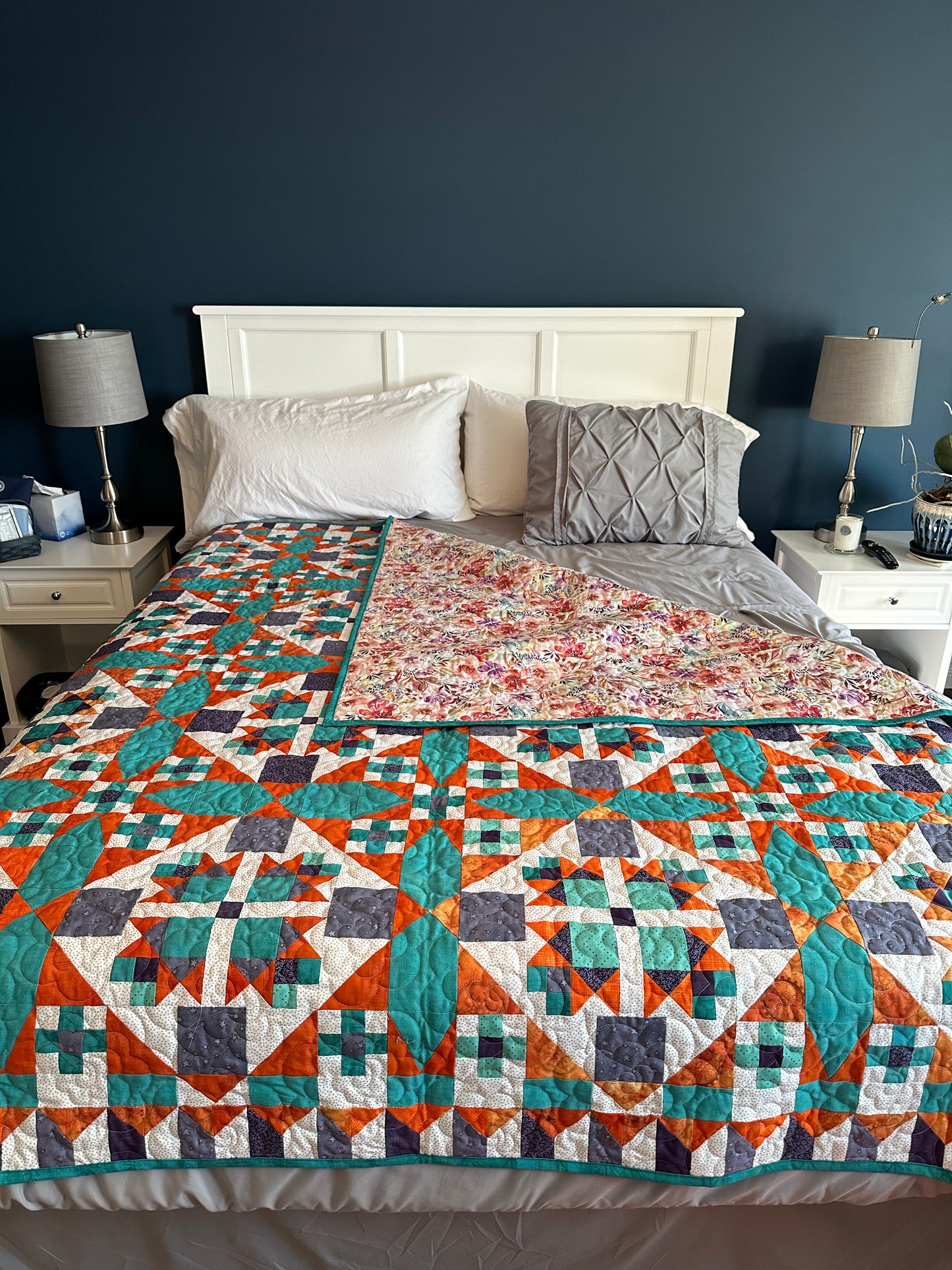 Colorful Geometric Quilt w/Floral Backing 78”x78”