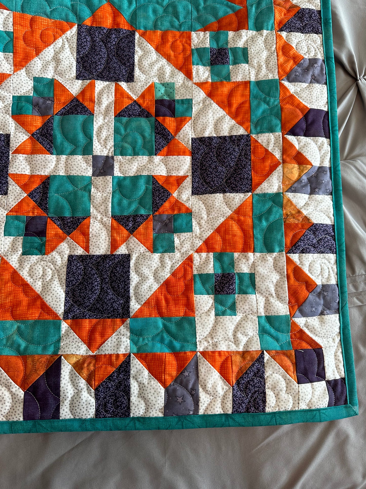 Colorful Geometric Quilt w/Floral Backing 78”x78”