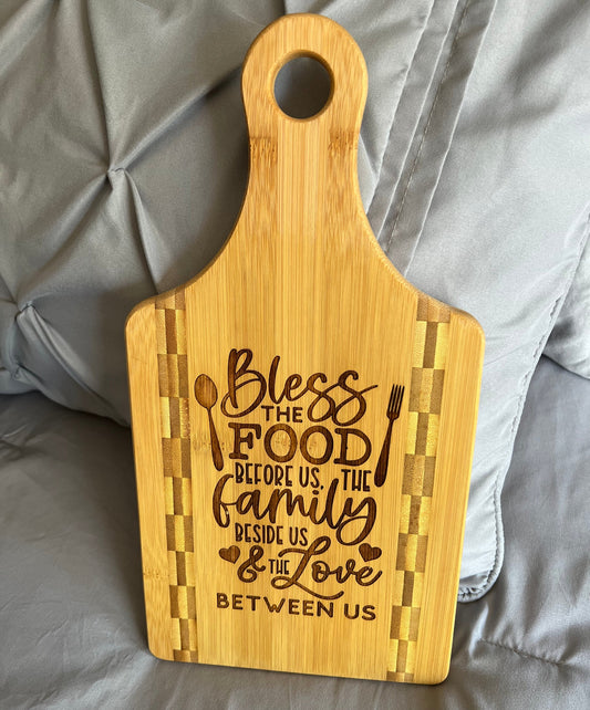 Engraved Paddle Shaped Bamboo Board with Butcher Block Inlay