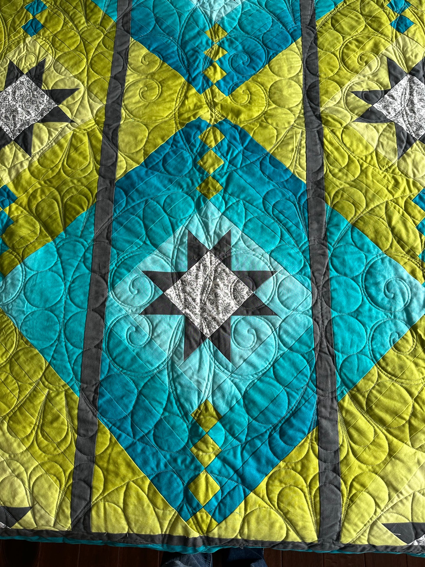 Bright Blue and Green Quilt w/Yellow-Green Backing 73”x56”