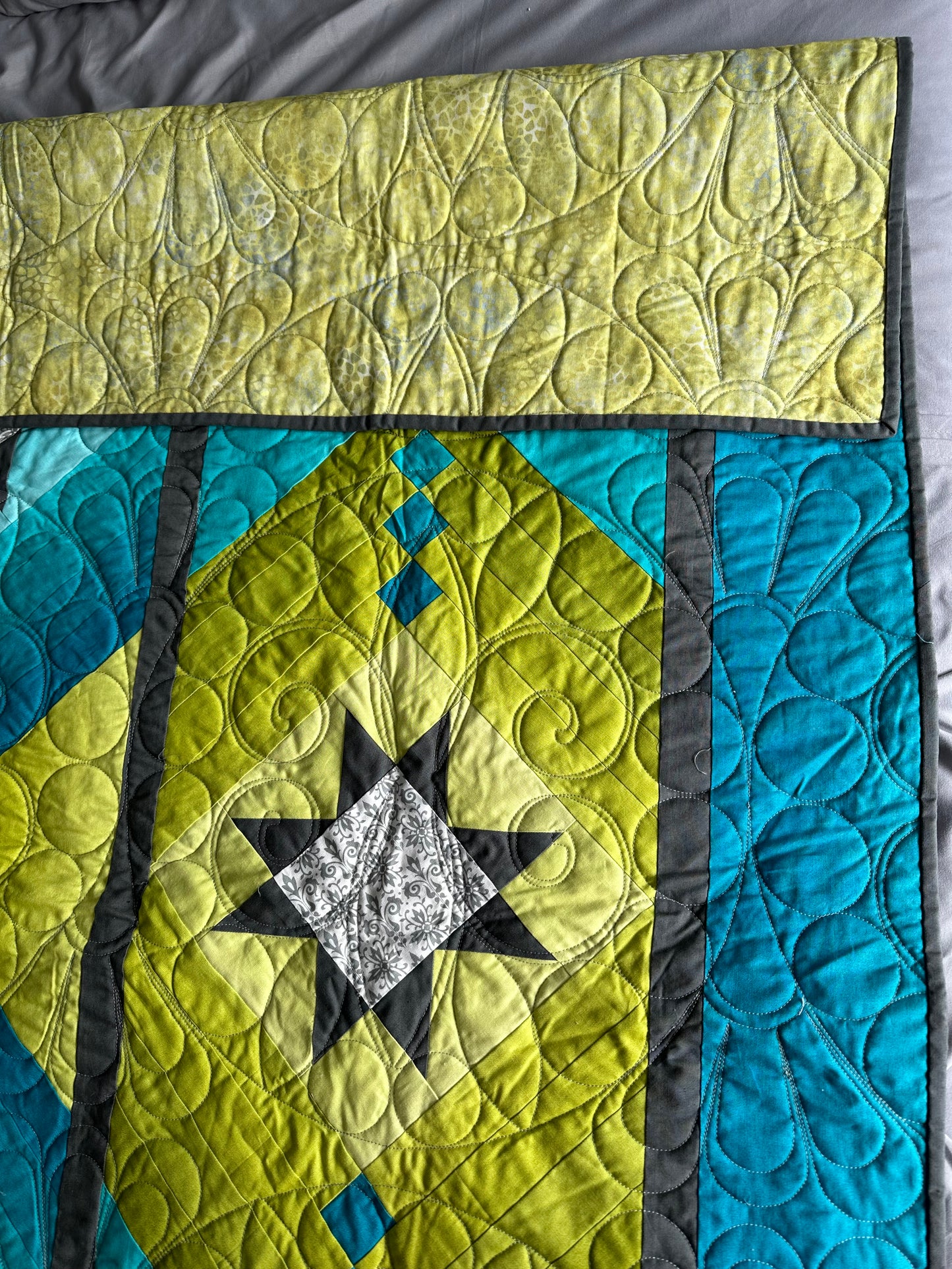 Bright Blue and Green Quilt w/Yellow-Green Backing 73”x56”